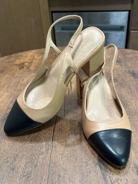 BCBG Two-Tone Pointed Slingback Heels in Black and Beige